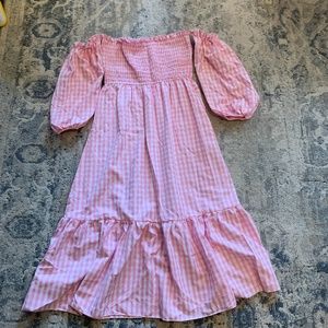 Gingham pink and white off the shoulder midi dress